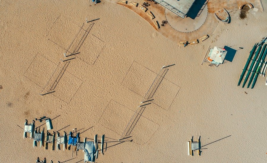Aerial view of beach volleyball courts at Twin Lakes State Beach, California